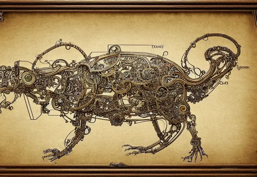 Image similar to schematic blueprint of highly detailed ornate filigreed convoluted ornamented elaborate cybernetic rat, wide wooden frame with gold leaf, art by da vinci