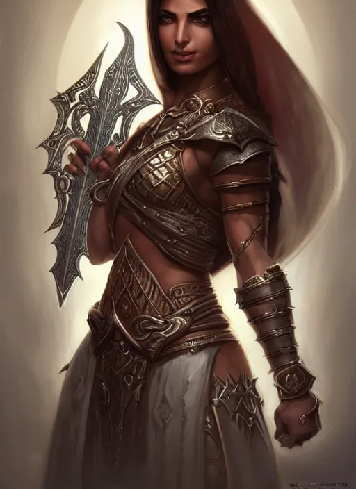 Image similar to portrait of an athletic arabian woman warrior as a diablo 3 character, looking at camera, D&D, sword master, long black hair, intricate, elegant, stylish, cute smile, fantasy, extremely detailed, digital painting, artstation, concept art, smooth, sharp focus, illustration, ambient lighting, art by artgerm and greg rutkowski and alphonse mucha and simon stalenhag