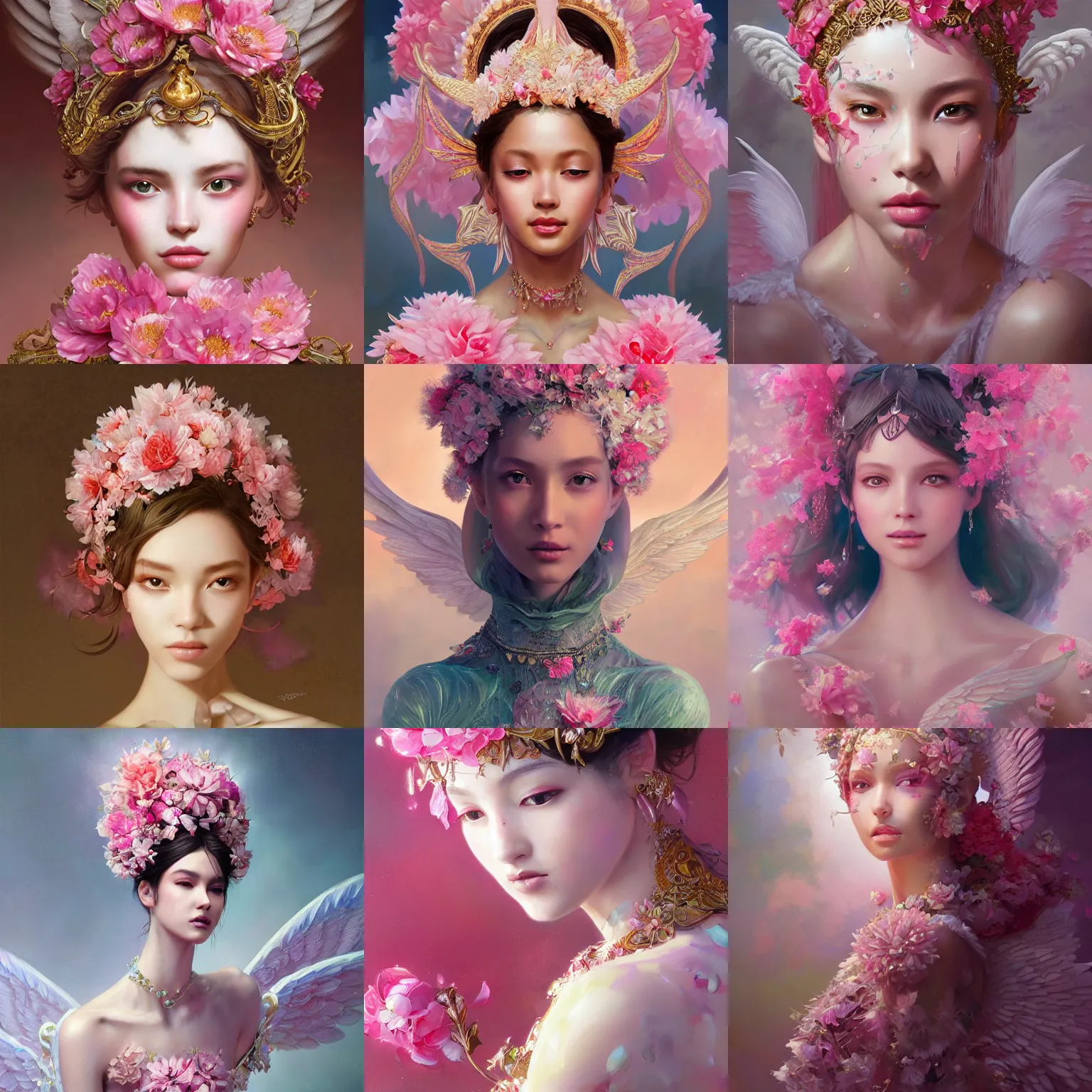 Prompt: expressive full body oil painting, of beautiful angel, smooth glowing skin, ornate headpiece made from pink flowers, glamour shot, by yoshitaka amano, by greg rutkowski, by jeremyg lipkinng, by artgerm, digital art, octane render