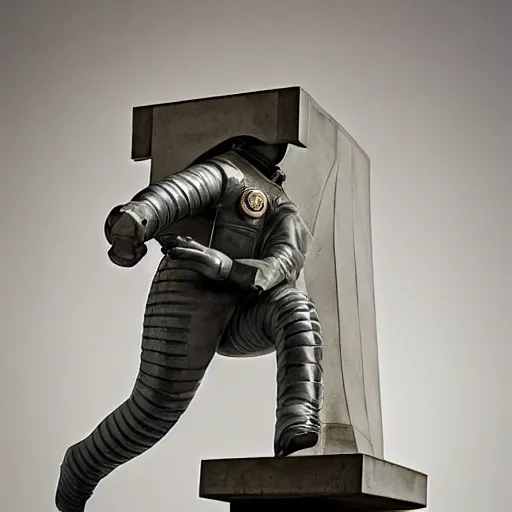 Image similar to [Sculpture of St.Georges, dressed as a cosmonaut, slaying a rich man in the style of futurist brutalism, concrete, in an art gallery]