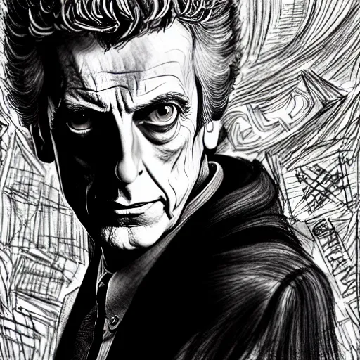 Prompt: Peter Capaldi in a scene from Berserk, artstation, concept art, sharp focus, illustration in pen an ink, extremely detailed, extremely complex, black and white, art by Masashi Tanaka