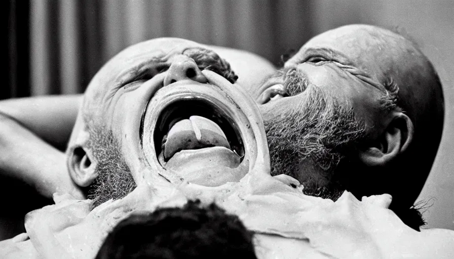 Prompt: 1 9 6 0 s movie still close - up of chrysippus of solis hysterically laughing on the floor mouth with blood in a neoclassical marble room, cinestill 8 0 0 t 3 5 mm b & w, high quality, heavy grain, high detail, dramatic light, anamorphic, detailed beard, by josef sudek
