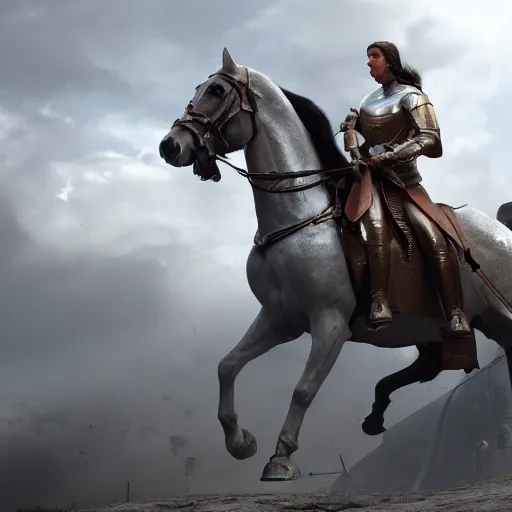 Image similar to Joan of Arc on a horse commanding an French army, octane render, dramatic lighting, hyperrealistic, high detailed, cinematic, artstation