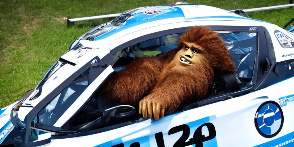 Prompt: sasquatch hanging out the window of a bmw race car