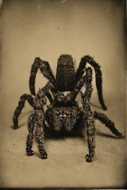 Image similar to a wet plate photo of an anthropomorphic tarantula king, wearing a crown