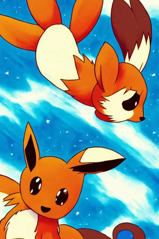 Image similar to An Eevee fox lying on a red carpet, poster art by Ken Sugimori, featured on Pixiv, furry art, anime aesthetic, poster art, 2d