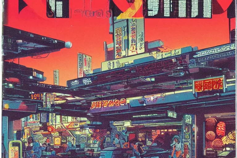 Image similar to 1 9 7 9 science fiction magazine cover depicting a row of shops downtown in neo - tokyo. in the style of bladerunner concept art by syd mead