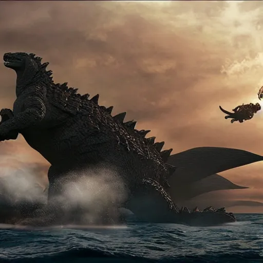 Image similar to gigantic 1 0 0 meters beagle fighting with godzilla over the sea, epic cinematic, 4 k, very high detail