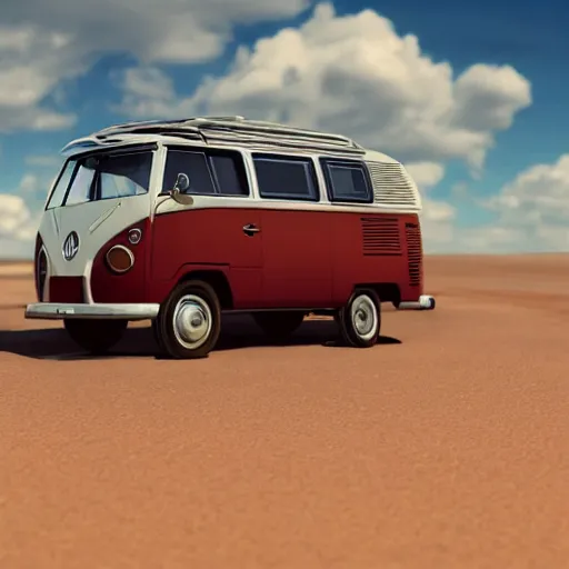 Prompt: a man wearing a cowboy hat leaning on a volkswagen camper on a paved desert highway, digital painting, masterpiece, digital art, octane render, unreal engine 5, trending on deviantart, highly detailed, high quality, 4 k, realistic and detailed face, cinematic, high coherence, soft lighting, path traced, elegant,