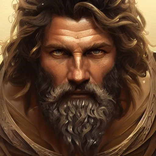 Prompt: portrait of rugged zeus, greek god d & d, muscular, fantasy, intricate, elegant, highly detailed, digital painting, artstation, concept art, smooth, sharp focus, illustration, art by artgerm and greg rutkowski and alphonse mucha