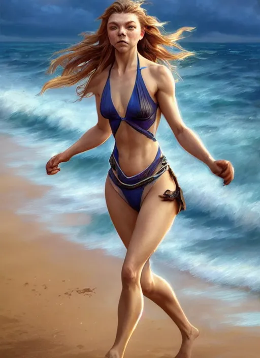 Image similar to natalie dormer wearing a bikini running on the beach, beautiful seductive face, intricate, elegant, highly detailed, digital painting, artstation, concept art, smooth, sharp focus, illustration, art by artgerm and greg rutkowski and alphonse mucha, horizon zero dawn 8 k, tim burton