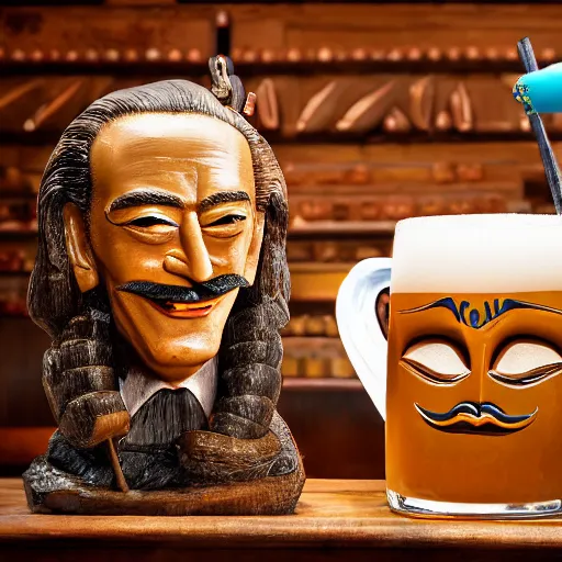 Image similar to a closeup photorealistic photograph of smiling salvador dali at trader vic's bar sitting next to a trader vic's style tiki mug featuring the face of salvador dali. tiki culture. bright scene. 4 k hd image that's trending on artstation, featured on behance, well rendered, extra crisp, features epic composition and the style of unreal engine.