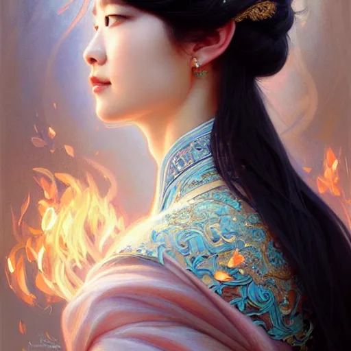 Prompt: ‘ a full portrait of elegant Chinese princess, D&D, blue eyes, fire hair, fantasy, intricate, elegant, highly detailed, digital painting, artstation, concept art, smooth, sharp focus, illustration, art by artgerm and greg rutkowski and alphonse mucha’