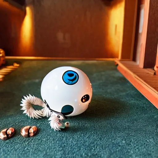 Image similar to a playful robotic cat playing with a ball made out of copper, studio ghibli, extremely detailed, cozy, cabin interior, cinematic lighting, cute,