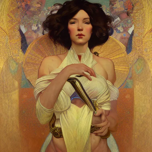 Image similar to modern woman | hyperrealistic | action pose | digital painting | trending on artstation | pinup portrait | clean | illustration | dressed | Unreal Engine 5 | 8k resolution | by Greg Rutkowski Alphonse Mucha Gustav Klimt and Mel Ramos