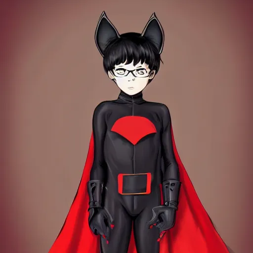 Image similar to little boy with cat ears in an black latex suit with red cape. digital artwork made by lois van baarle and kentaro miura, sharpness focus, inspired by hirohiko araki, anatomically correct, heroic composition, hero pose