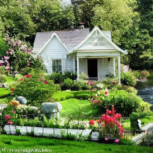 Prompt: A beautiful cottage with a lush front yard, with a flower patch and a flowing river in the style of Monet