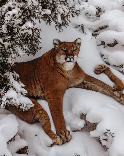 Prompt: hard cover book showing 'a cougar sleeping in the middle of snowy pine tree' laying on coffee table, zoomed out, HD, iphone screenshot