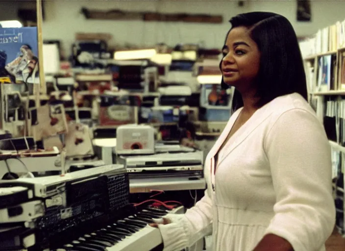 Prompt: cinematic shot of octavia spencer in an small used electronics store next to an old electronic keyboard, iconic scene from the paranoid thriller sci fi film directed by stanley kubrick, anamorphic cinematography, beautiful composition, color theory, leading lines, photorealistic, moody volumetric lighting