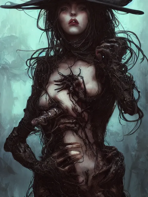 Image similar to close up picture of a witch with exoskeleton wanna play with you, cynical, bored, beautiful and aesthetic, intricate, unreal engine, messy hair, highly detailed, detailed face, smooth, sharp focus, chiaroscuro, manga illustration, artgerm, greg rutkowski, alphonse mucha, young adult light novel cover art