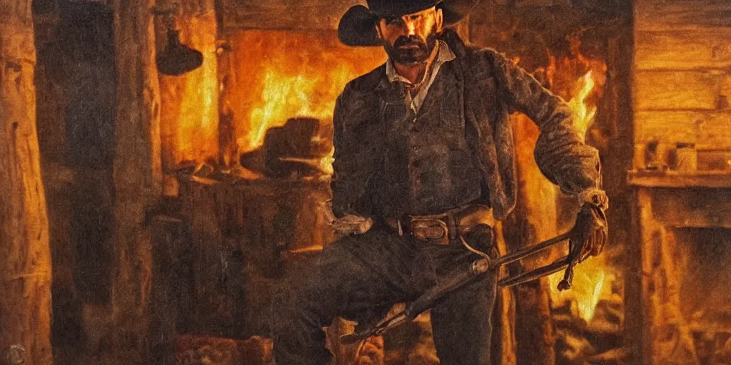 Prompt: in an old west cabin, close up shot a rugged, Dave Bautista cowboy standing at his fireplace, in the style of Fredrick Remington, oil painting