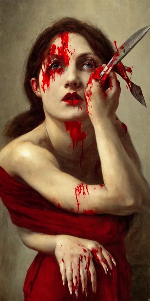 Prompt: by 1 9 th century famous painter, hands, nail polish, blood smear, blood dripping, horror, knife, realism, realistic, oil painting, red wallpaper background