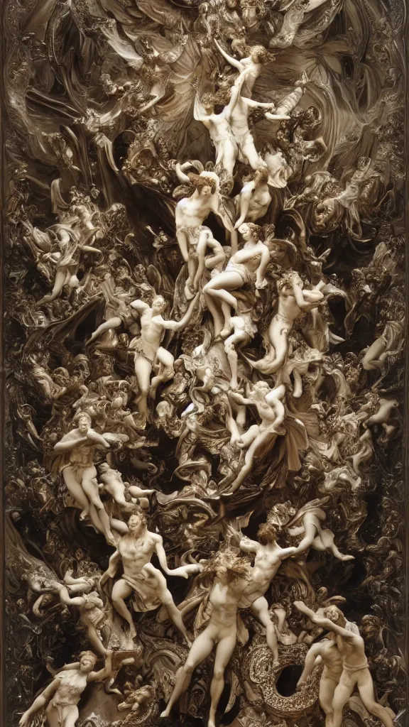 Image similar to an epic sculpture made of marble and ivory, fall of the rebel angels, by gustave dore, by alphonse mucha, hell, sculpture standing on in a large studio space, monumental, epic, detailed, intricate, volumetric lighting, realistic, octane render, in frame, 2 0 % pearlescent detailing