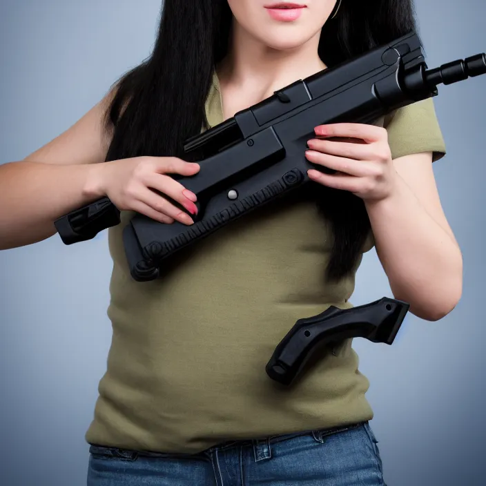 Prompt: photograph of a real-life beautiful woman holding an uzi. Extremely detailed. 8k