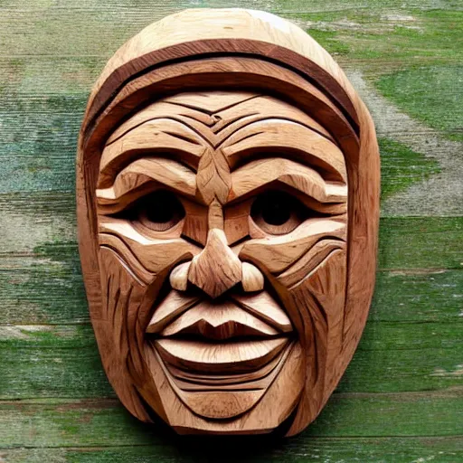 Prompt: an intricate face carved out of wood