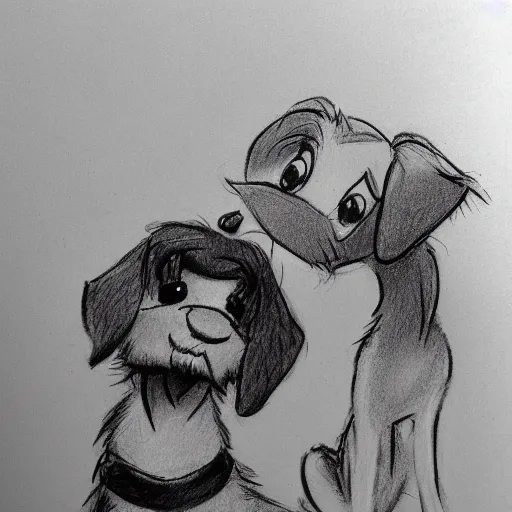 Image similar to milt kahl pencil sketch of happy mini schnauzer cartoon lady and the tramp style