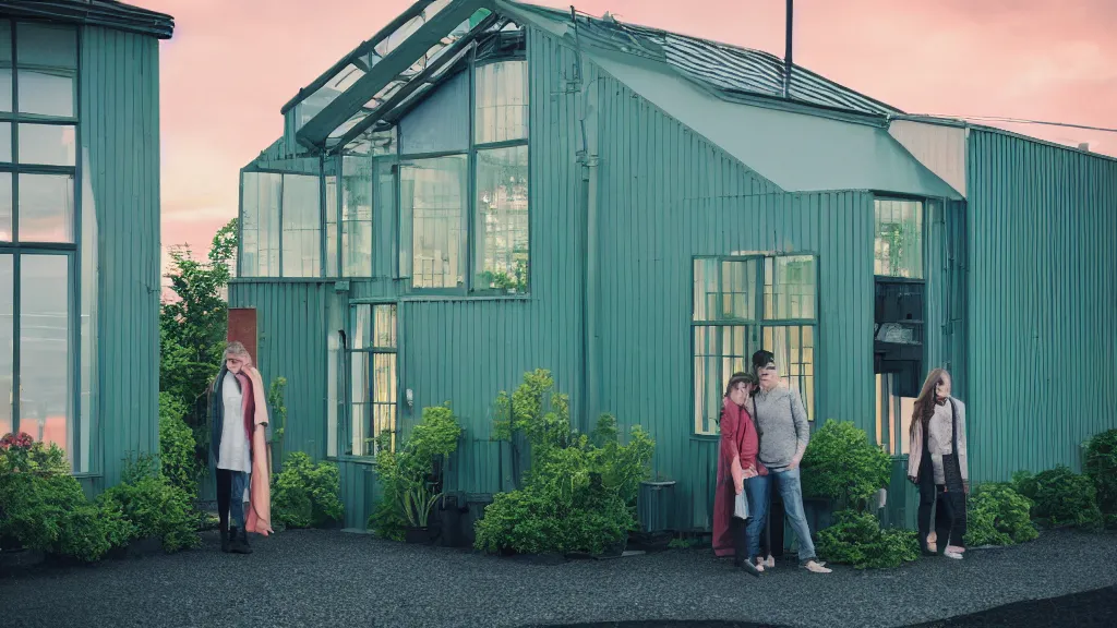 Prompt: a couple, green house, quiet street, reykjavik, sunset lighting, rim light, hyper realistic, cinematic frame