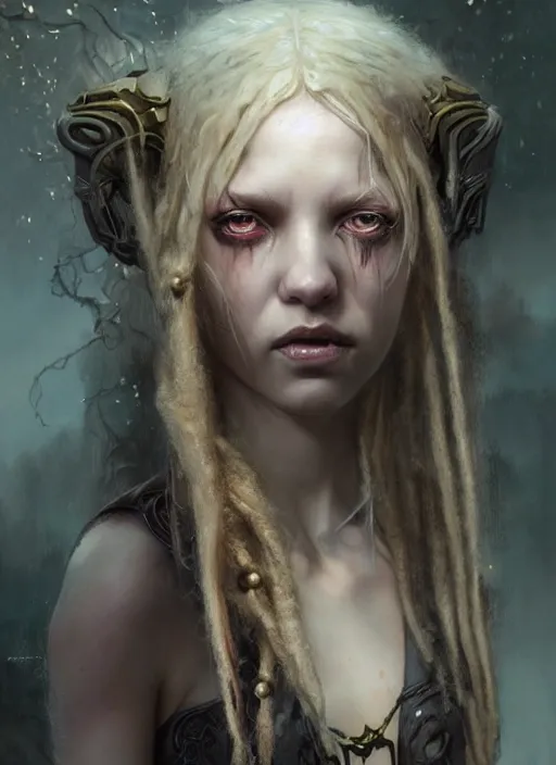 Image similar to fantasy changeling girl with blonde dreadlocks revealing her true nature, evil eyes, dim light, front game card, marvel comics, dark, intricate, highly detailed, smooth, artstation, digital illustration by ruan jia and mandy jurgens and artgerm and wayne barlowe and greg rutkowski and zdislav beksinski