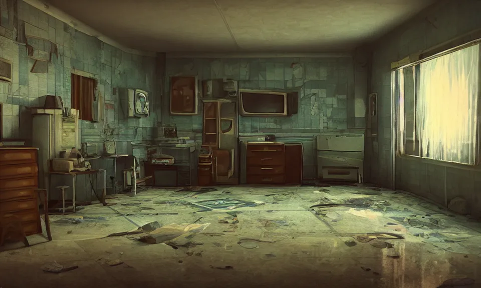 Image similar to artstation scifi scene of a shabby american room in 1 9 7 0 s, shabby room, old tv, tile floor, cabinets, cot, paneled walls, unreal engine 5, hyper realism, realistic shading, cinematic composition, blender render, octane render, hdr, detailed textures, photorealistic, wide shot