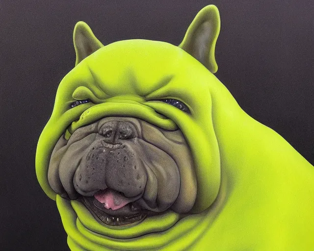 Image similar to Haunting horrifying hyperrealistic detailed painting of a fat dog canine creature made of slime, gelatinous green goop, heavy metal, disgusting, creepy, unsettling, and glowing yellow eyes, hyper detailed, trending on Artstation