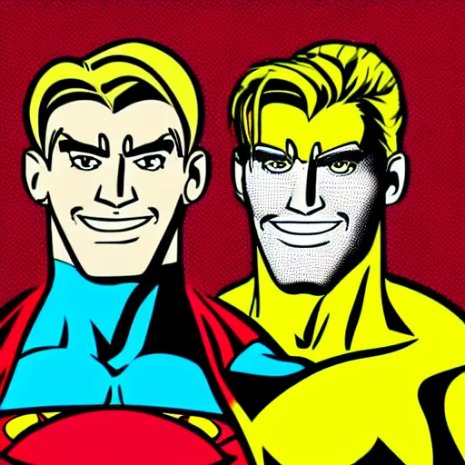 Image similar to pop art cartoon style, strong male, superhero, male with sharp chin, big smile, cartoon network, portrait