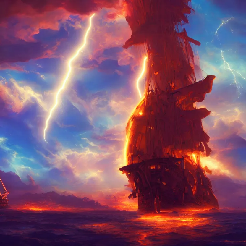 Image similar to treasure planet, clouds, pirate ship!, lava, lightning, beautiful lighting, vivid colors, intricate, elegant, smooth, sharp focus, highly detailed digital painting, concept art, cinematic, unreal engine, 4 k wallpaper, art by syd mead, terada katsuya, atey ghailan, svetlin velinov, cgsociety, artstation trending