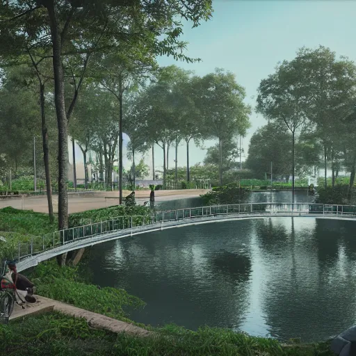 Image similar to ecological park in sao paulo, ponte estaiada in the back of the image, concept art, artstation, behance, octane render, blender, unreal engine