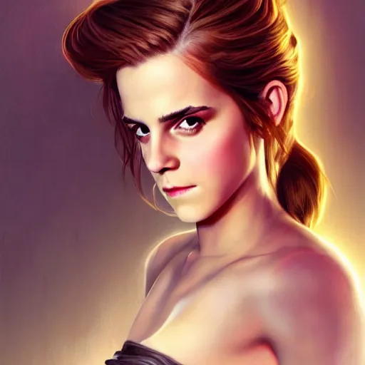 Prompt: portrait of emma watson in the style of gerald brom and mark brooks, cinematic lighting, epic, romantic, 8 k, detailed, coherent, beautiful