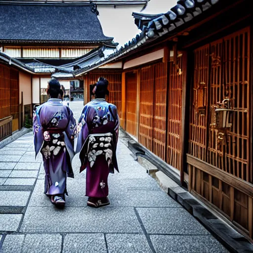 Image similar to real photo of a pair of japanese oni walking in kyoto, high detail,
