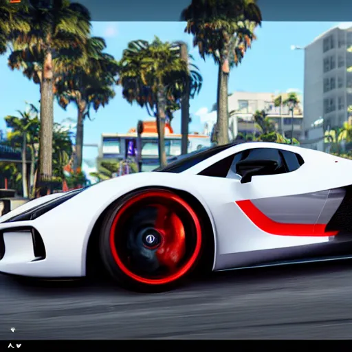 Image similar to screenshot of a hyper car in grand theft auto 6 set in miami, raytracing, beautiful, unreal engine