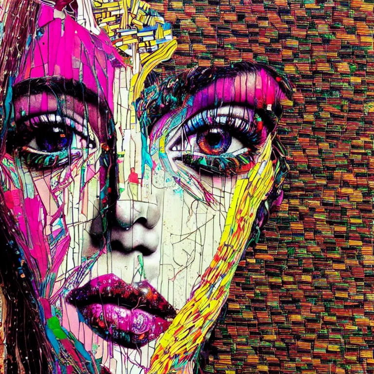 Image similar to beautiful anima girl lost in colors artwork by el anatsui and carne griffiths