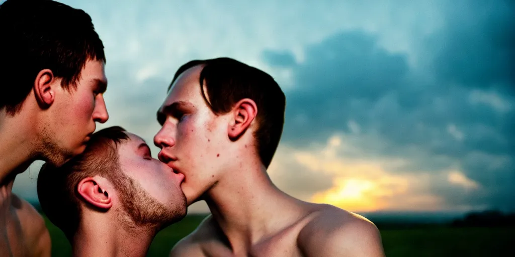 Image similar to portrait of a handsome young man kissing with moody lighting golden hour highly detailed sharp zeiss lens 1. 8 high contrast wolfgang tillmans ryan mcginley david armstrong