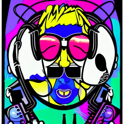 Image similar to svg sticker of a Dancing-Alex-Grey-Psychedelic-Rave-Man, at a rave, spinning records, giant headphones rocking out, wearing headphones, huge speakers, dancing, rave, DJ, spinning records, digital art, amazing composition, rule-of-thirds, award-winning, trending on artstation, featured on deviantart