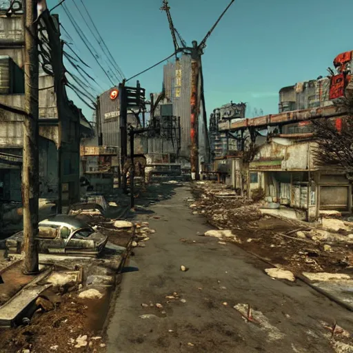 Image similar to Osaka in ruins post-nuclear war in Fallout 4, in game screenshot