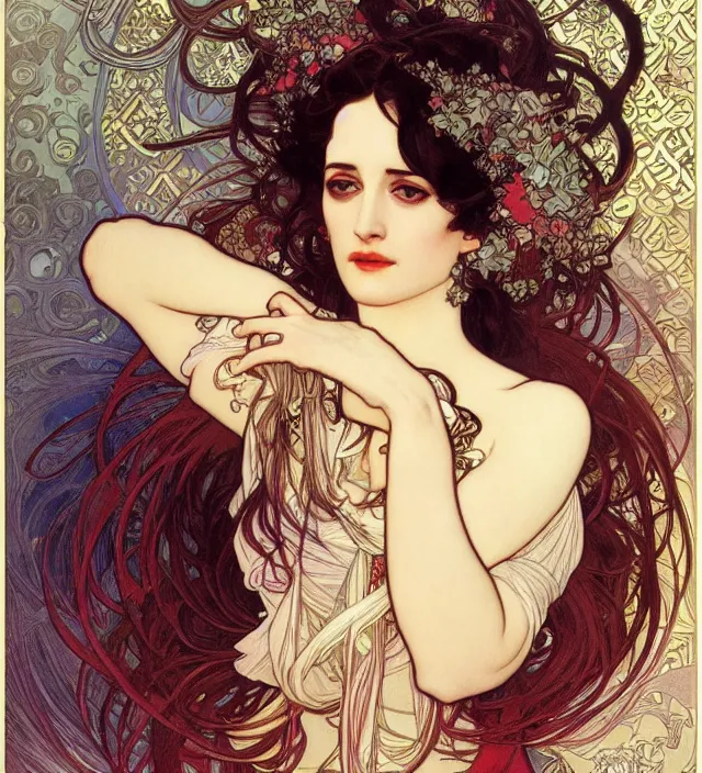 Prompt: detailed portrait of eva green by alphonse mucha, ayami kojima, yoshitaka amano