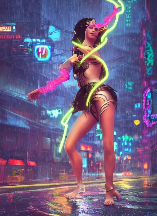 Prompt: An epic fantasy comic book style full body portrait painting of a very beautiful imposing cyberpunk Hula Dancer dancing in the rain, neon reflections in the rain puddles, character design by Mark Ryden and Pixar and Hayao Miyazaki, unreal 5, DAZ, hyperrealistic, octane render, cosplay, RPG portrait, dynamic lighting, intricate detail, cinematic