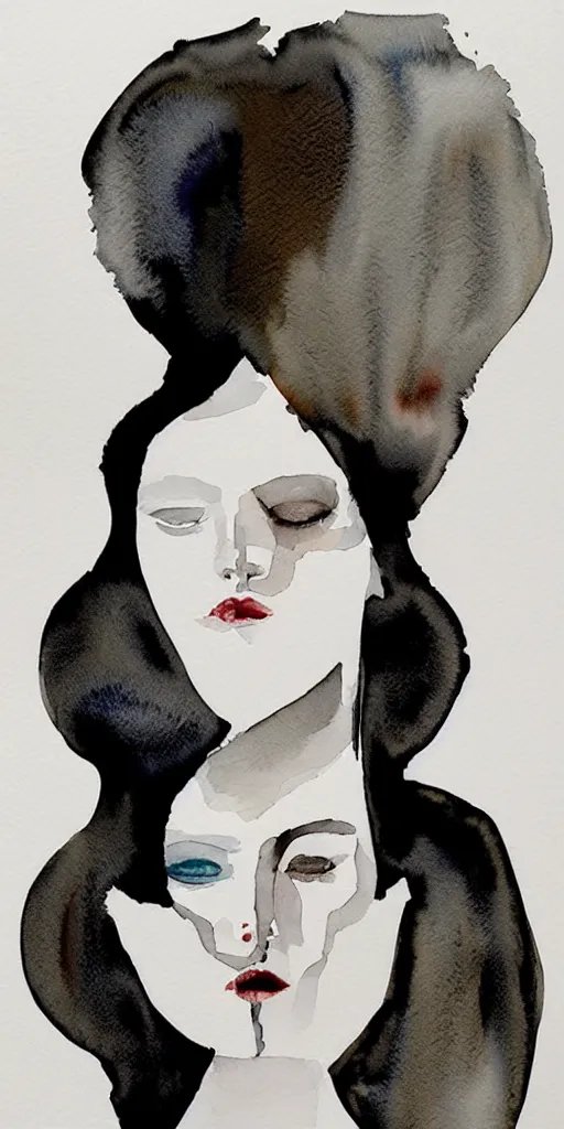 Image similar to beautiful face woman, symmetrical, grey, colorless and silent, watercolor portraits by Luke Rueda Studios and David downton