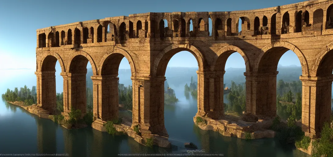 Prompt: epic view of giant roman aqueduct over beautiful lake, unreal engine, dramatic lighting, detailed, ambient occlusion, global illumination, god rays, 3 d artstation render by greg rutowski and jessica rossier