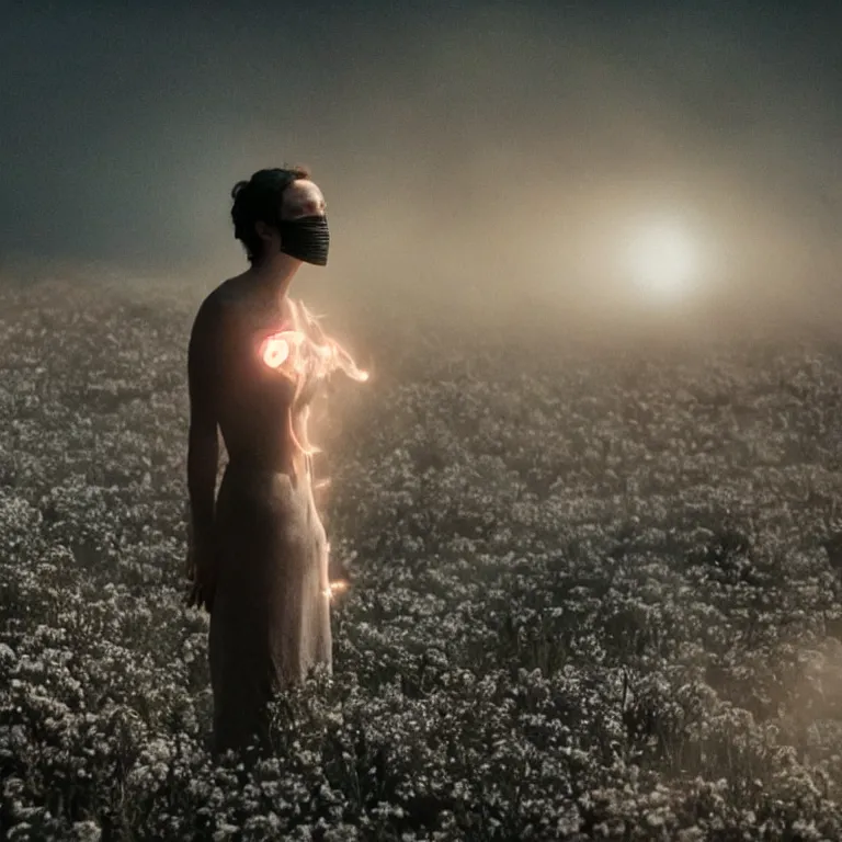 Image similar to The full body shot of beautiful pale woman with many flowers and full-face black mask with glowing halo, a thick black smoke in rocky desert landscape, glowing eyes, falling star on the background, burning earth by Christopher Doyle, Gaspar Noe, Tarkovsky, Alejandro Jodorowsky, anamorphic lens, cinematic composition, award winning photo, 8k