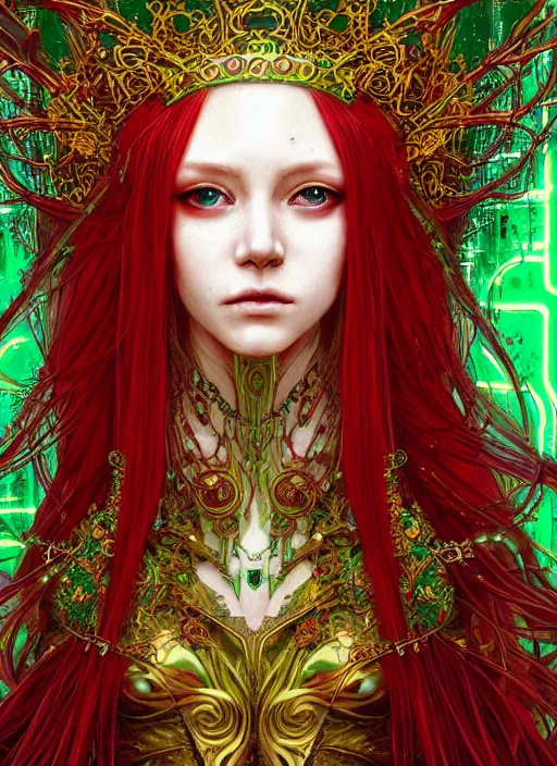 Prompt: a painting of a beautiful cyberpunk elven queen with long red hair, wearing green, red and gold ornate dress, golden intricate crown. detailed symmetrical close up portrait, intricate complexity, concept art, by takato yamamoto, wlop, krenz cushart. cinematic dramatic atmosphere, sharp focus